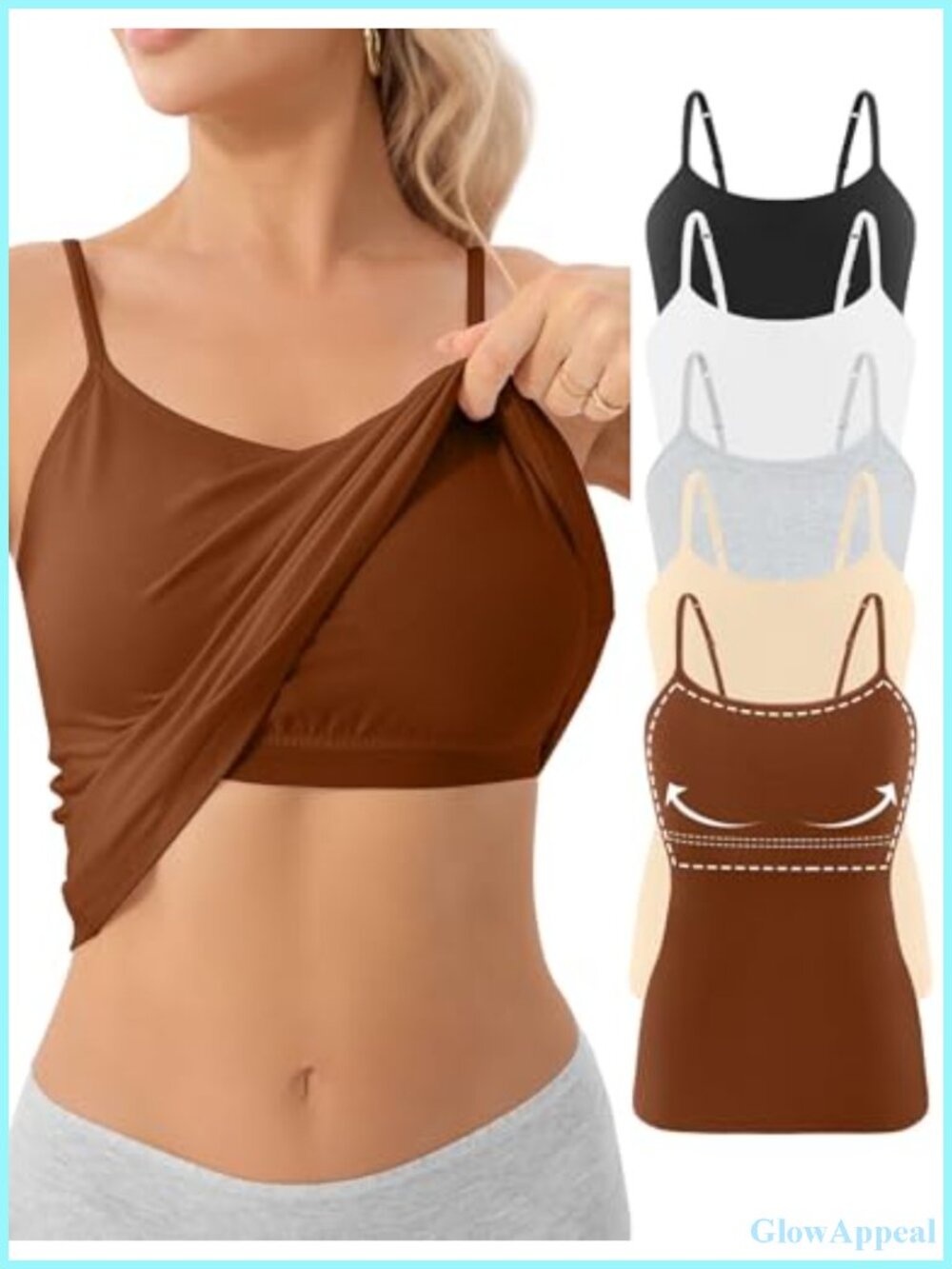 5 Pack Cotton Camisole with Shelf Bra Adjustable Spaghetti Strap Tank Top Basic